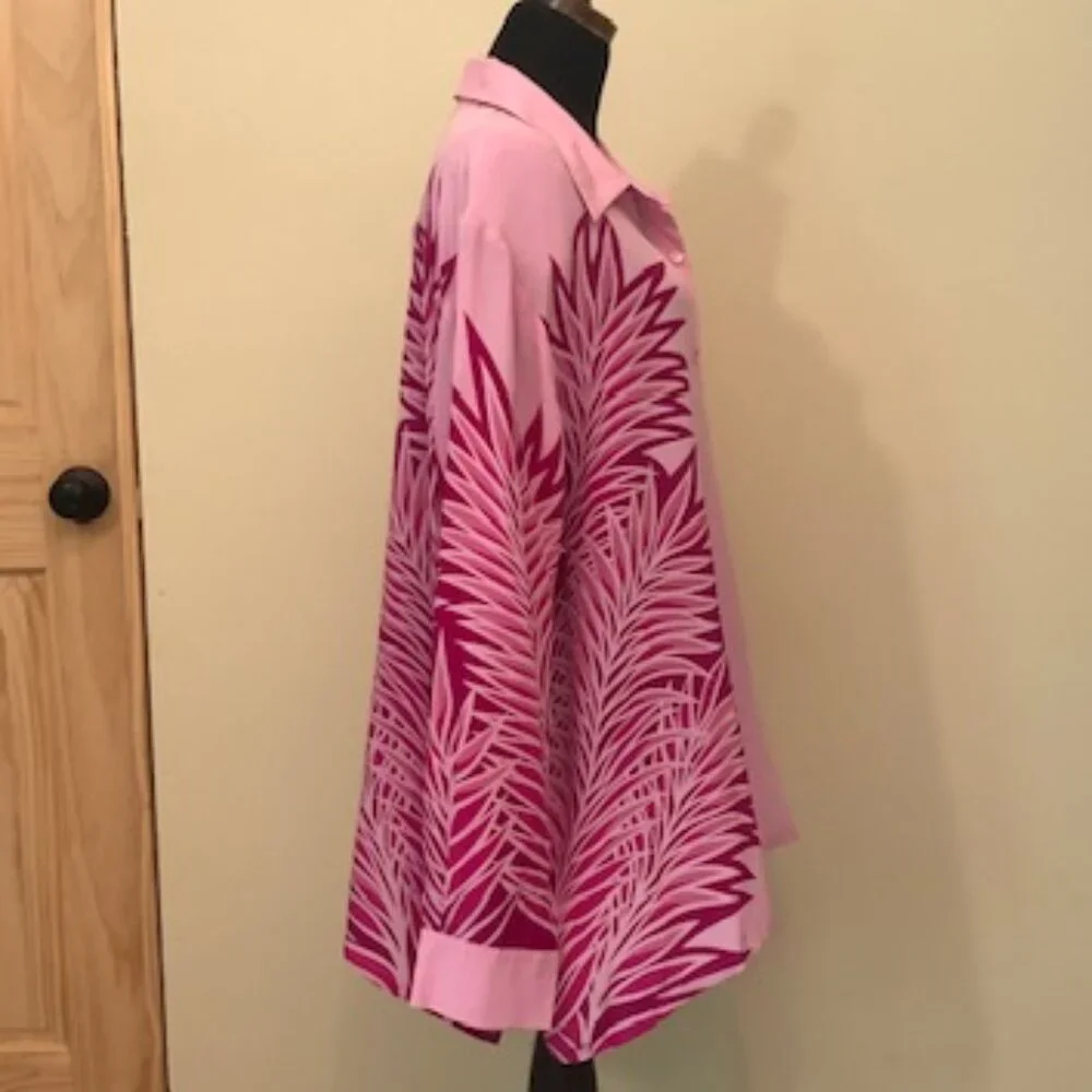 NWT Vintage Bob Mackie 100% Silk Wearable Art Pink Palms Blouse Shirt Size XL - Picture 3 of 12